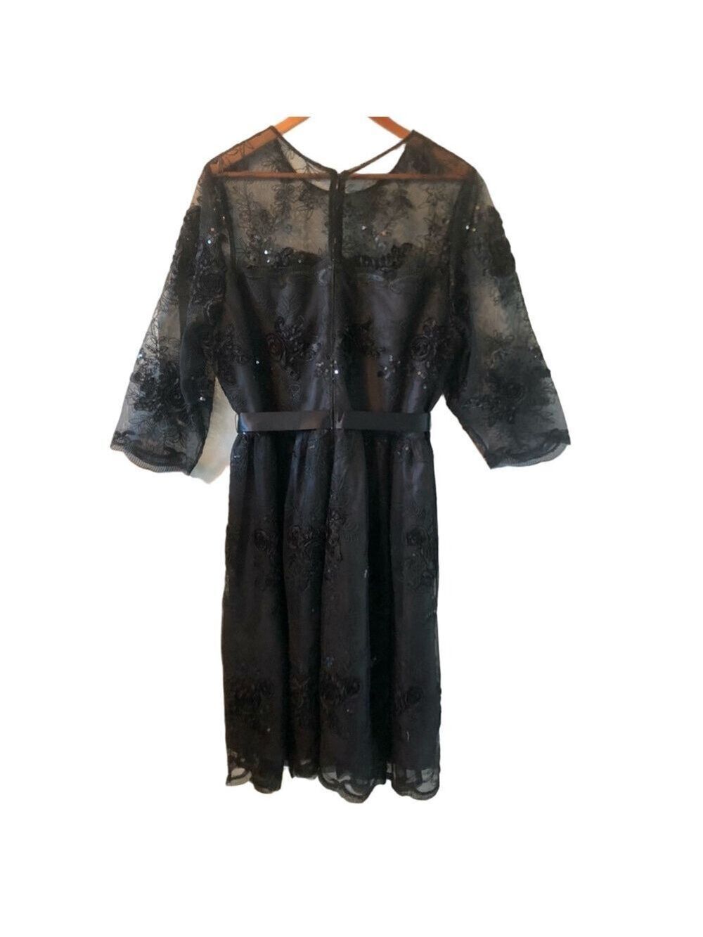 Black Lace Special Occasion Dress with Sequins Size 16W Midi Elbow Sleeves - Picture 4 of 13